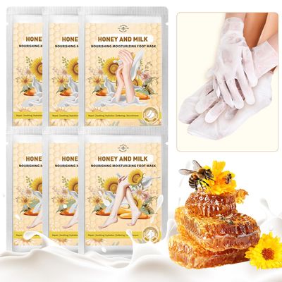 TEAWOO Hydrating Hand and Foot Mask, 3 Foot &amp; 3 Hand Mask, Hand and Foot Care after Pedicure, Moisturizing Socks for Dry, Cracked Heel, Foot Spa, Honey &amp; Milk, Vitamin E