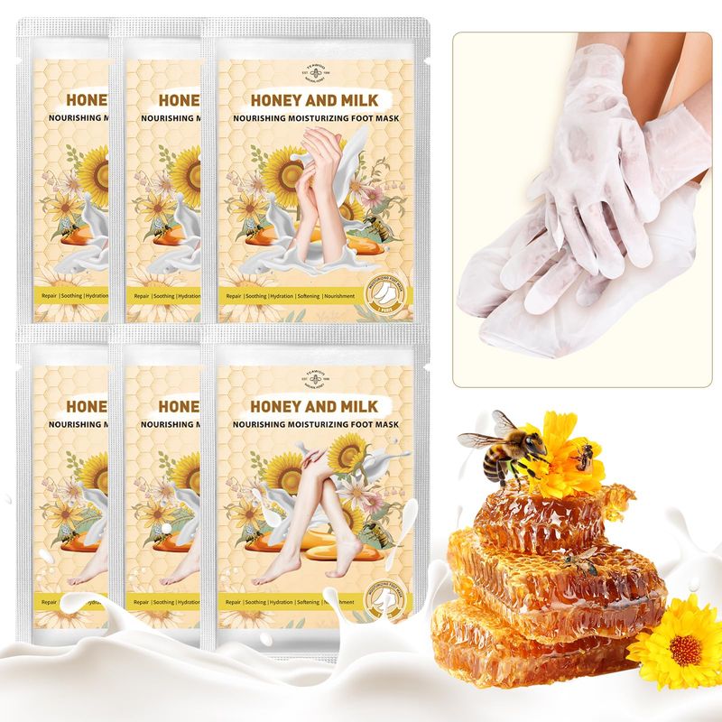 TEAWOO Hydrating Hand and Foot Mask, 3 Foot &amp; 3 Hand Mask, Hand and Foot Care after Pedicure, Moisturizing Socks for Dry, Cracked Heel, Foot Spa, Honey &amp; Milk, Vitamin E