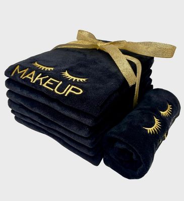 URBLUX Microfiber Makeup Remover Towel 12X12 Black/Gold 6PK;Soft Hypoallergenic Make Up Removal Wash Cloth, Embroidered Gold Silk Washcloth, Reusable Facial Cleansing Cloth