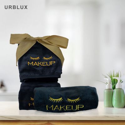 URBLUX Microfiber Makeup Remover Towel 12X12 Black/Gold 6PK;Soft Hypoallergenic Make Up Removal Wash Cloth, Embroidered Gold Silk Washcloth, Reusable Facial Cleansing Cloth