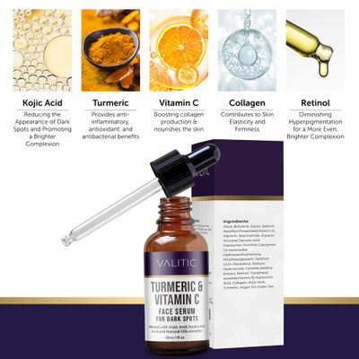 VALITIC Vitamin C Face Serum for Anti Aging - Hyaluronic Acid, Collagen, Kojic Acid, Turmeric Oil Dark Spot Remover Brightening Eyes and Facial Serum Skin Care 1 fl oz