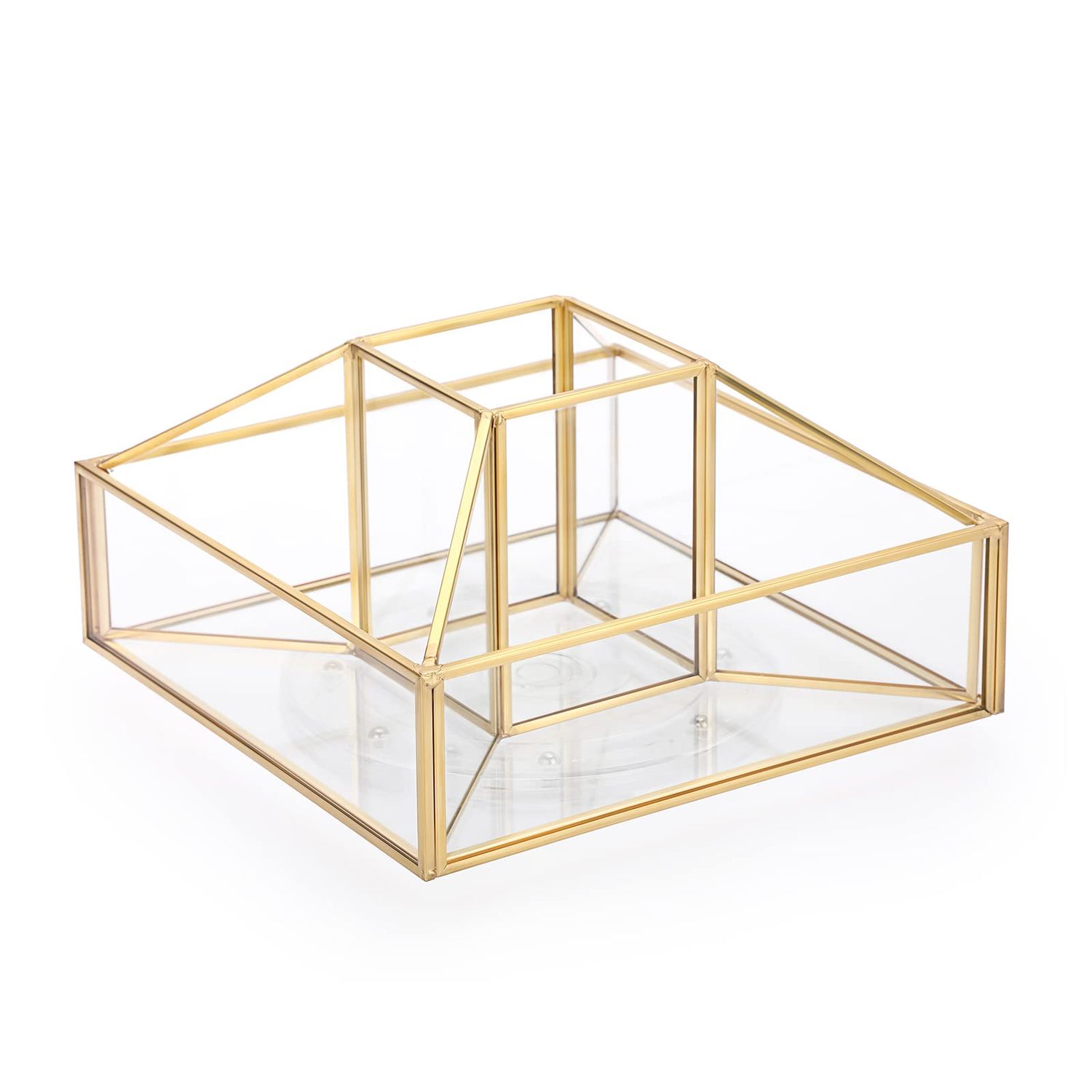 Hipiwe 360 Rotating Makeup Organizer Gold Glass Perfume Cosmetic Display Case 5-Slot Makeup Carousel Spinning Holder Bathroom Storage Organizer for Vanity Lipsticks Skincare Makeup Brushes
