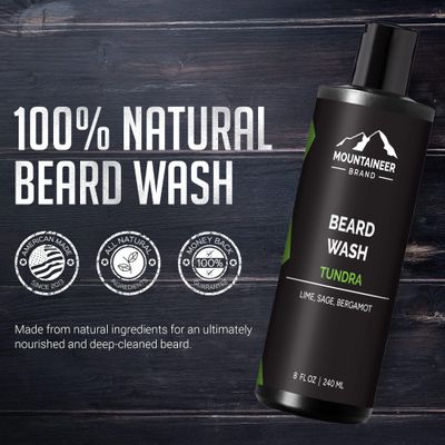 Mountaineer Brand Beard Wash For Men | 100% Natural Beard Shampoo | Thick Cleaning Softening Lather for Hair and Skin | Hydrate and Detangle | Grooming Treatment | Tundra Scent 8oz