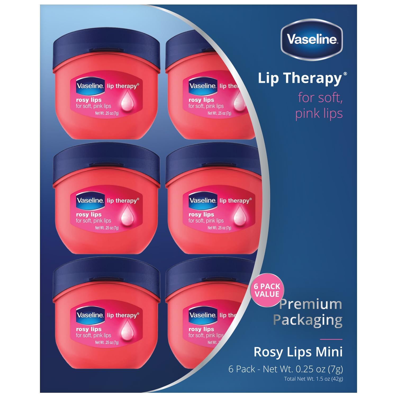 Vaseline Lip Therapy Rosy Lips 6-Pack - Mini Lip Balms for Soft, Deliciously Kissable Lips, Premium Gift Set, 0.25 Oz Ea