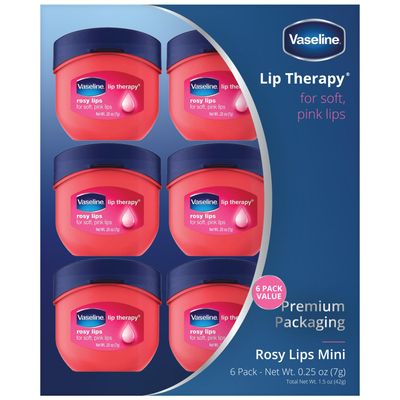 Vaseline Lip Therapy Rosy Lips 6-Pack - Mini Lip Balms for Soft, Deliciously Kissable Lips, Premium Gift Set, 0.25 Oz Ea