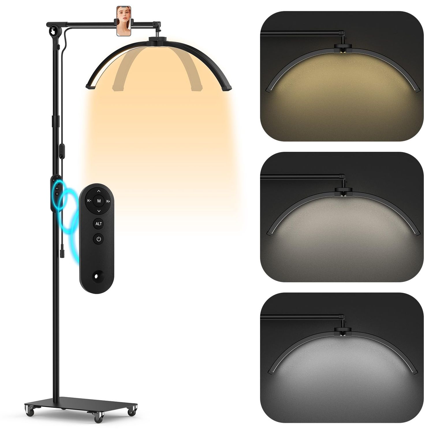 Lmaqfum Foldable Half Moon Light, 2 in 1 Lash Light for Eyelash Tech, Esthetician Light with Phone Holder Desk Clip Wheel Stand for Eyelash Extension, Skincare, Nail Tech, Beauty Salon, 3 Light Modes