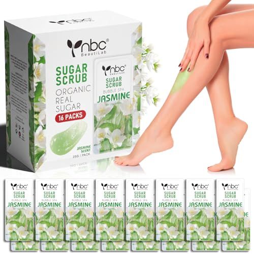 nbc BeautiLab Foot Exfoliating Scrub, Sugar Scrub, Dead Skin Remover for Feet, Individually Packaged Foot Scrub Smooths, Hydrates, Detoxifies Tired and Dry Cracked Feet 16 Packs per Box, Jasmine