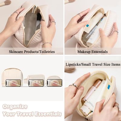 kamumanni 3 Pcs Makeup Bag Set, Quilted Cosmetic Bag with Handle, Portable Makeup Bag for Cosmetics and Skincare Products (Coffee)