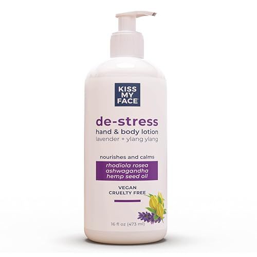 Kiss My Face De-Stress Hand &amp; Body Lotion Lavender + Ylang Ylang - Cruelty-Free and Vegan Lotion for Dry Skin - 16 oz Bottle with Pump (Lavender &amp; Ylang Ylang, Pack of 1)