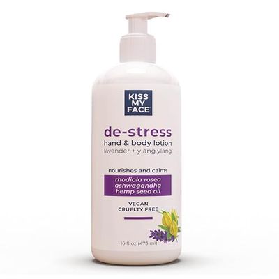 Kiss My Face De-Stress Hand &amp; Body Lotion Lavender + Ylang Ylang - Cruelty-Free and Vegan Lotion for Dry Skin - 16 oz Bottle with Pump (Lavender &amp; Ylang Ylang, Pack of 1)