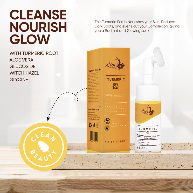 Live Healthy Turmeric Foaming Face Wash - Turmeric Face Wash with Brush, Deep Cleansing, Gentle, Facial Cleanser, Makeup Remover, Natural Formula for Acne, Blackhead &amp; Oil Control, Hydrating - 150ml