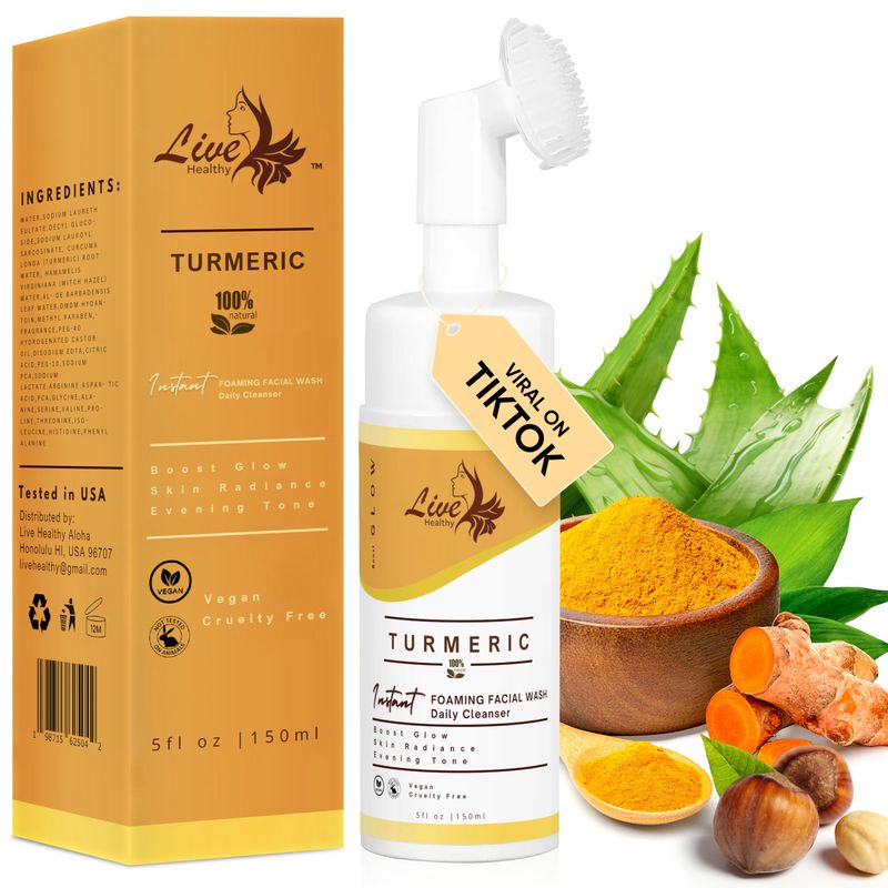 Live Healthy Turmeric Foaming Face Wash - Turmeric Face Wash with Brush, Deep Cleansing, Gentle, Facial Cleanser, Makeup Remover, Natural Formula for Acne, Blackhead &amp; Oil Control, Hydrating - 150ml