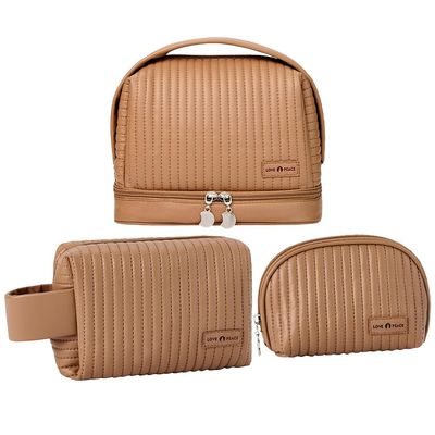 kamumanni 3 Pcs Makeup Bag Set, Quilted Cosmetic Bag with Handle, Portable Makeup Bag for Cosmetics and Skincare Products (Coffee)