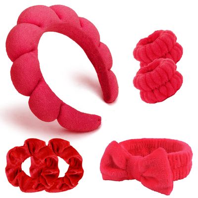 Ondder 6 Pcs Red Spa Headband and Wristband Set Makeup Spa Headband for Washing Face Bubble Skin Care Headbands Face Wash Sponge Puffy Headband Head Bands Hair Accessories for Women Girls