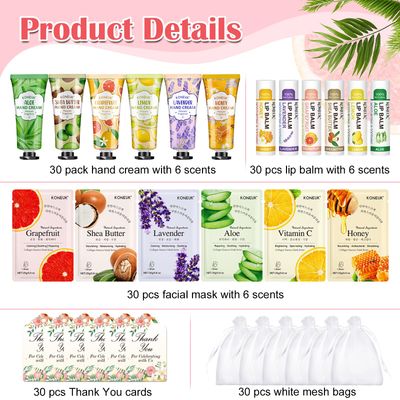 KONEUK 30 Pack Bulk Facial Mask, Bulk Hand Cream and Bulk Lip Balm Sets, Christmas Stocking Stuffers Gifts, Bridal Shower Favors and Wedding Welcome Bag Stuffers for Guests, Thank You Gifts for Women