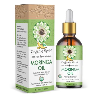 Organic Veda Moringa Oil - Pure Cold Pressed Organic Moringa Seed Oil - Natural Face Oil for Women, Moisturizing Hair Oil - Virgin Moringa Oleifera Oil for Skin, Body, Scalp Care &amp; Nails - 1.7 fl.oz.