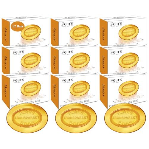 Pears Soap, Face &amp; Body Soap, Amber - Pure &amp; Gentle Transparent Bar Soap, Moisturizing Glycerin Soap with Natural Oils for Pampered, Glowing Skin, 4.4 Oz (Pack of 12)