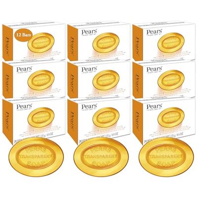 Pears Soap, Face &amp; Body Soap, Amber - Pure &amp; Gentle Transparent Bar Soap, Moisturizing Glycerin Soap with Natural Oils for Pampered, Glowing Skin, 4.4 Oz (Pack of 12)