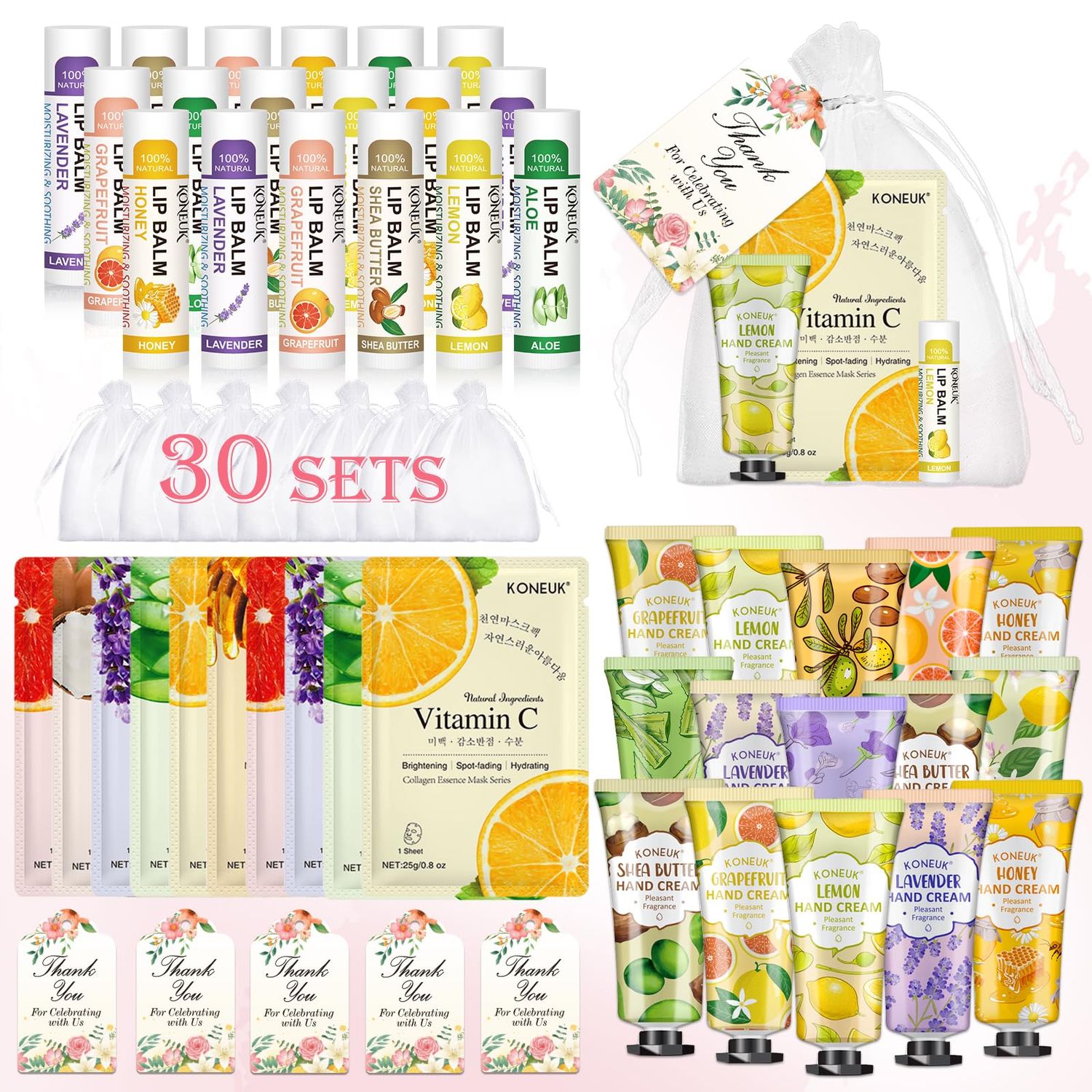 KONEUK 30 Pack Bulk Facial Mask, Bulk Hand Cream and Bulk Lip Balm Sets, Christmas Stocking Stuffers Gifts, Bridal Shower Favors and Wedding Welcome Bag Stuffers for Guests, Thank You Gifts for Women