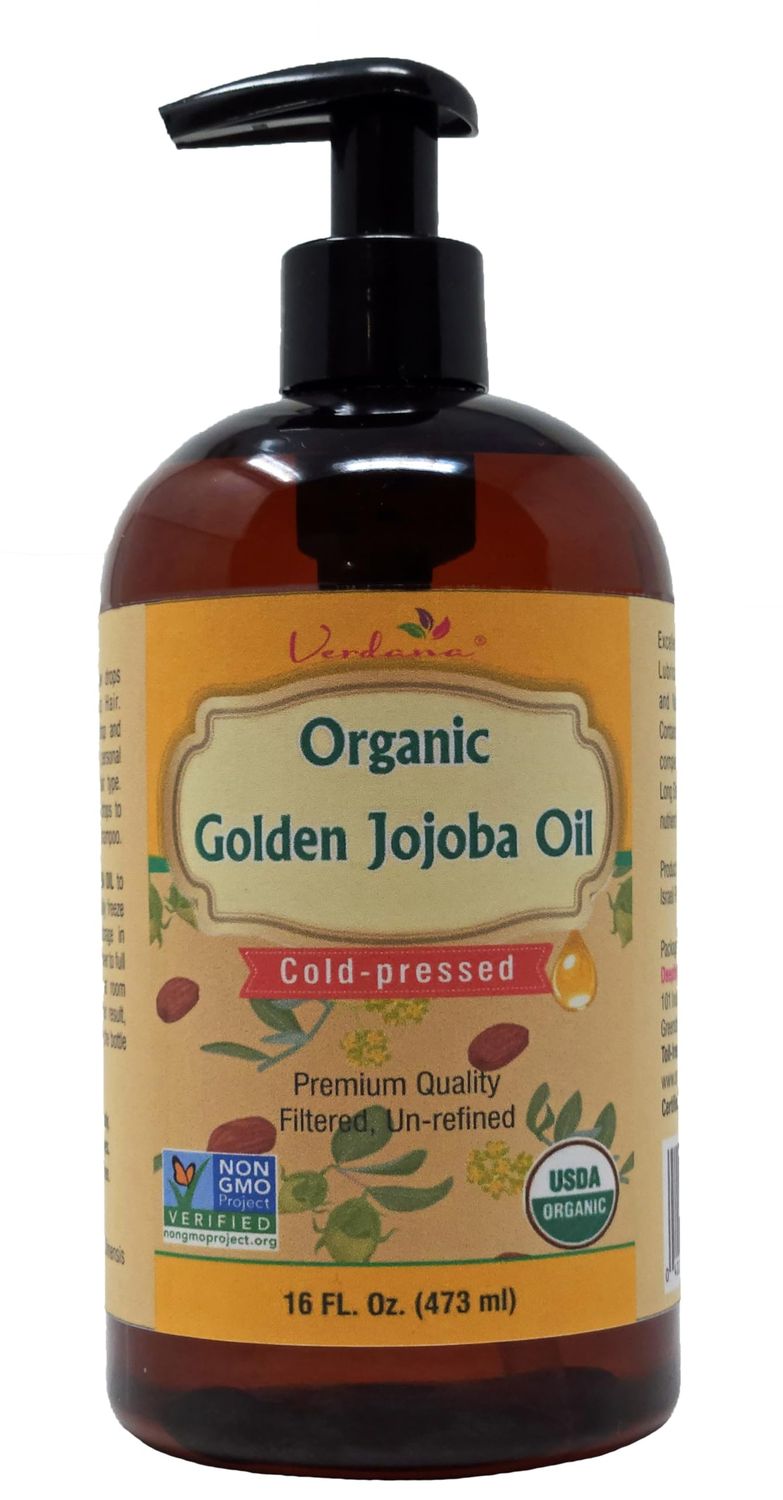 Verdana Organic Golden Jojoba Oil - 16 fl oz with Pump - USDA, Non GMO - Cold Pressed, Unrefined, Hexane Free - Bulk, Moisturizing Oil for Skin, Body, Face, Hair, Scalp, Nails and Cuticles