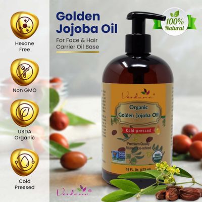 Verdana Organic Golden Jojoba Oil - 16 fl oz with Pump - USDA, Non GMO - Cold Pressed, Unrefined, Hexane Free - Bulk, Moisturizing Oil for Skin, Body, Face, Hair, Scalp, Nails and Cuticles