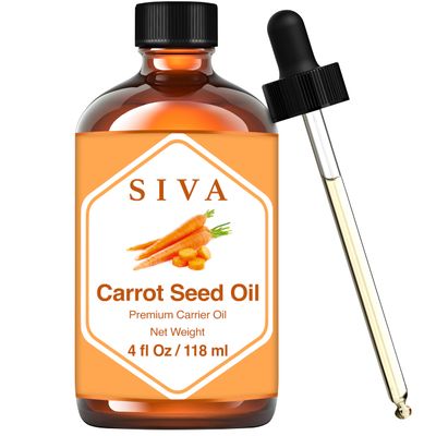 SIVA Carrot Seed Oil 4oz (118ml) Premium Cold-Pressed Carrier Oil With Dropper For Face, Skin Care, Body Massage, Hair Care, Hair Oiling &amp; Scalp Massage