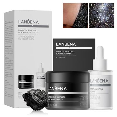 LANBENA 3-in-1 Blackhead Removal Set - Bamboo Charcoal Pore Strips (30g), Pore Minimizing Serum (30ml) &amp; Removal Paper - Mask for Face, Minimizes Pores &amp; Leaves Skin Fresh &amp; Clean, Blackhead Remover
