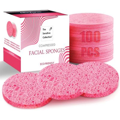 miaform 100-Count Compressed Facial Sponges, 100% Natural Cosmetic Spa Sponges for Facial Cleansing, Exfoliating Mask Pink Round