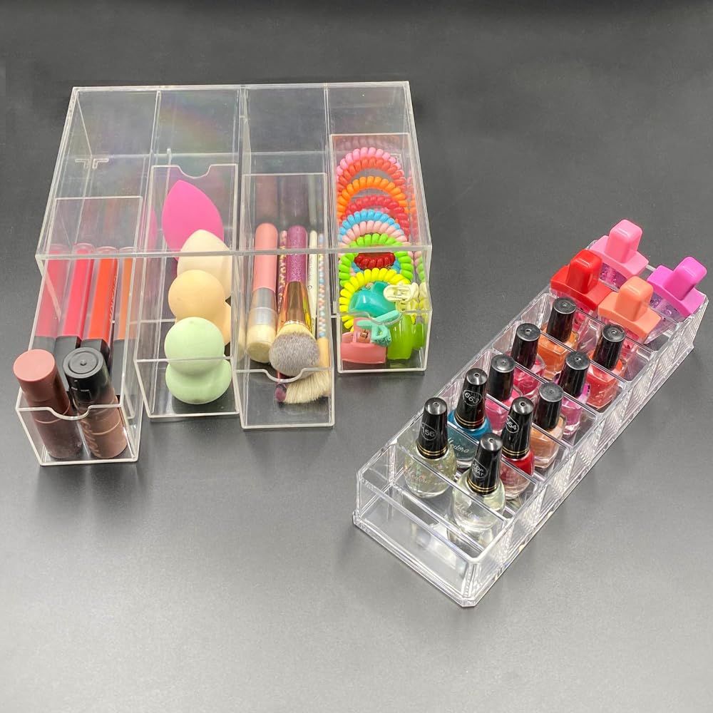 LAMBOCK 2 PCS Makeup Holder | 4 Drawers Skin Care Organizer with 8 Compartments Nail Polish Organizer | Acrylic Makeup Brushes &amp; Beauty Blender Holder for Dresser, Bathroom, Vanity &amp; Countertop