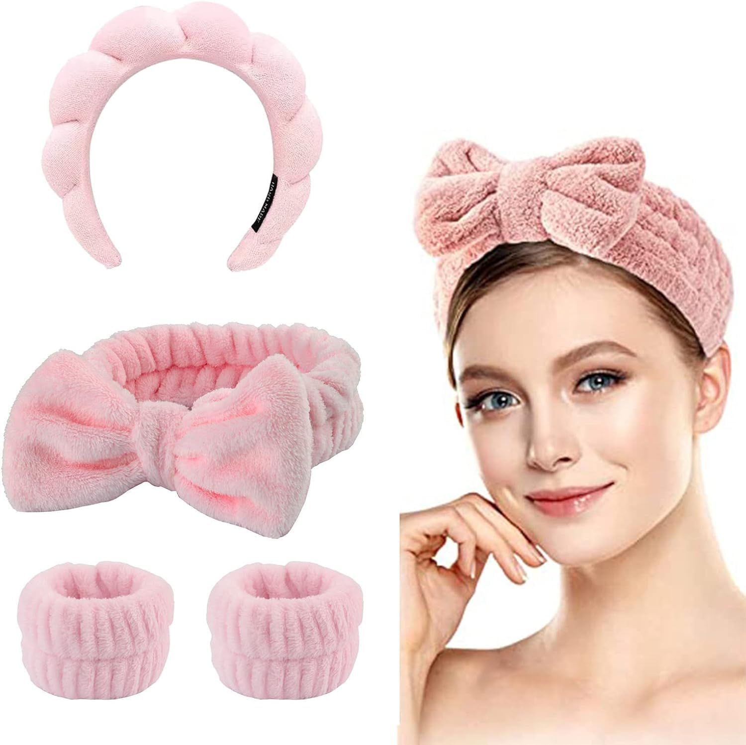 THINTON Spa Headband for Washing Face or Facial Makeup Headbands, Puffy Makeup Headband and Wristband Set, Soft Towel Skin Care Head Band for Women and Girls (Pink)