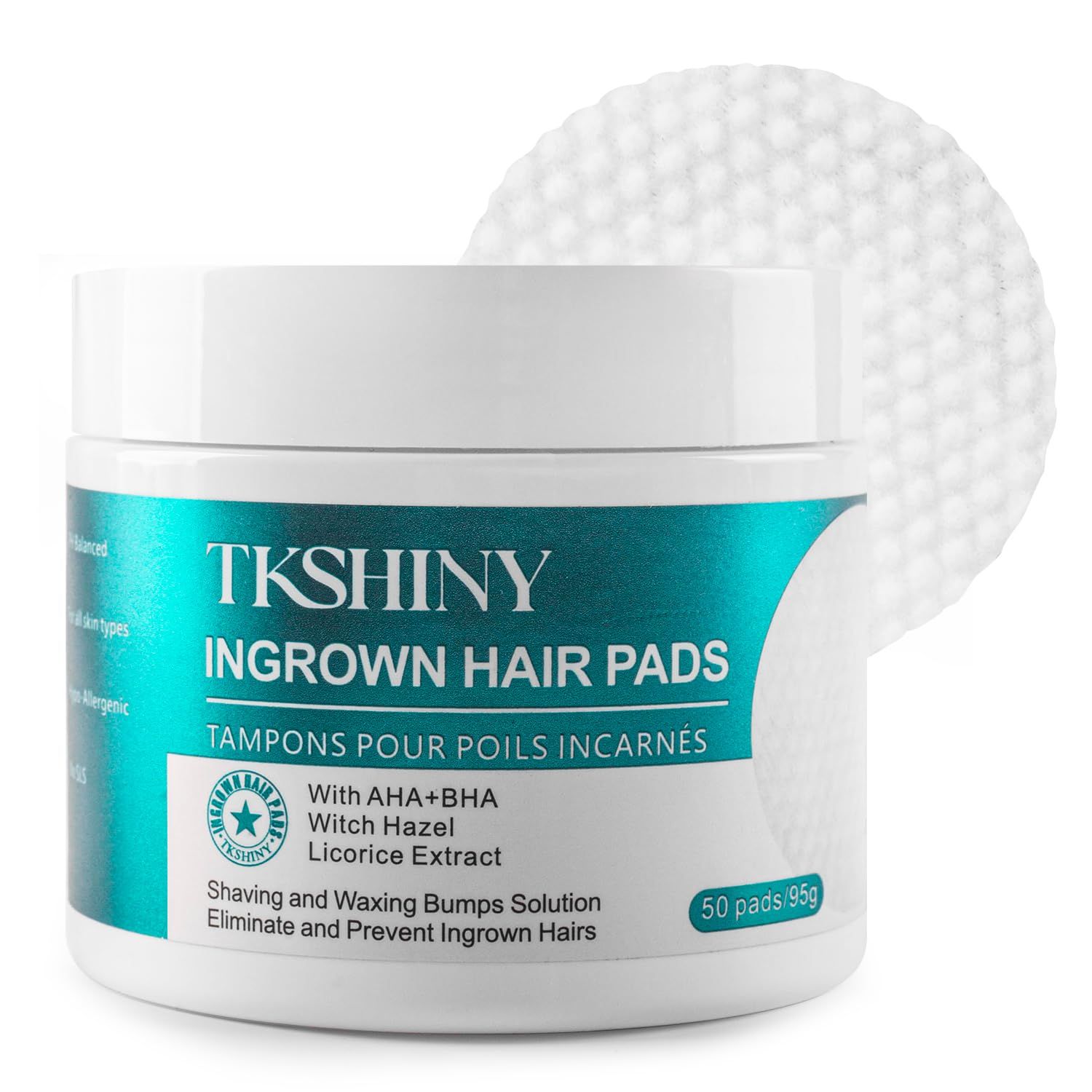 TKSHINY Ingrown Treatment Hair Pads, Ingrown Treatment Pads with AHA+BHA, Ingrown Hair Wipes For Bikini Area, Razor Bumps, Underarm , Exfoliate Skin,Ingrown Hair Serum for Face, Neck, 50 Pads