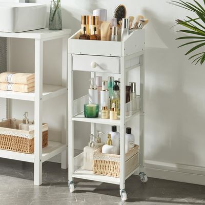 HUSHEDIFY Makeup Organizer Cart,3 Tier Floor Make up Storage Stand with Drawer, Free Standing Skincare Cosmetic Display Holder with Wheels for Vanity Bedroom Dresser Bathroom(White)