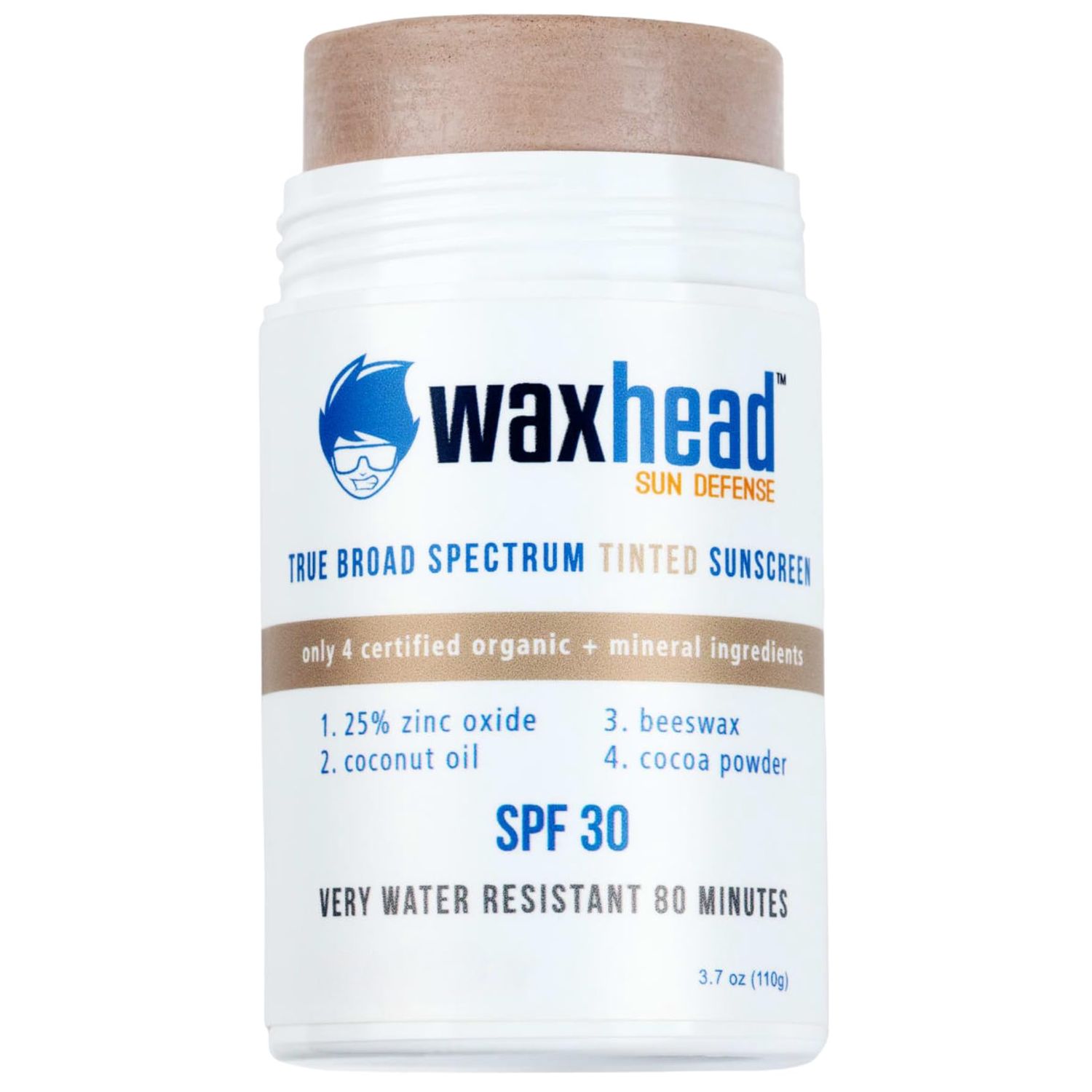 Waxhead Tinted Zinc Sunscreen Stick Face SPF 30 - Reef Safe Sunscreen, Tinted Zinc Oxide Stick Biodegradable, Waterproof, Skin Tone, Food-Grade, Non-Nano, Natural Non-Toxic Kids, Surfing (Tint, 3.7oz)