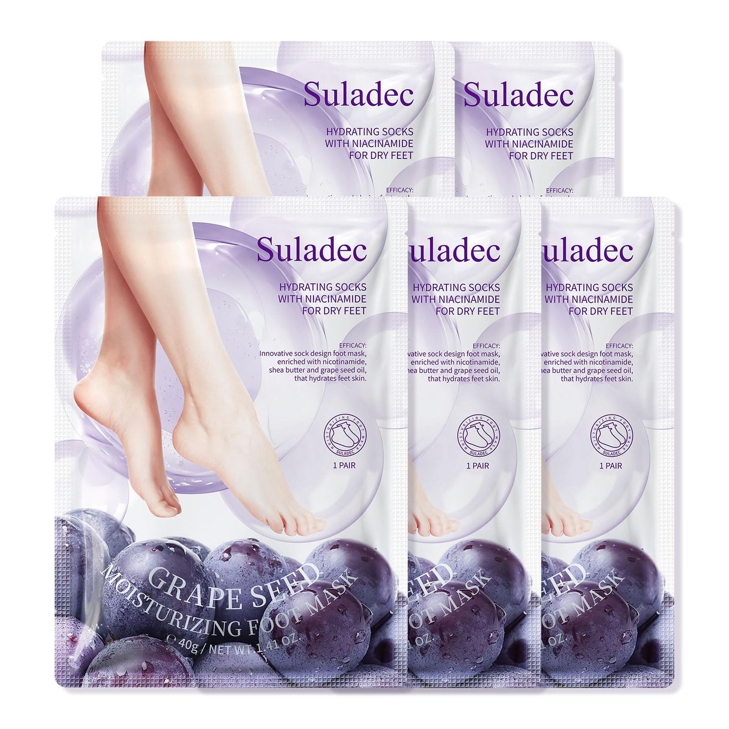 SULADEC Moisturizing Foot Mask with Grape Seed Oil and Shea Butter, Hydrating Foot Masks for Dry Cracked Feet, Dry Skin Moisturizer for Soft and Smooth Touch Feet - Men Women - 5 Pairs