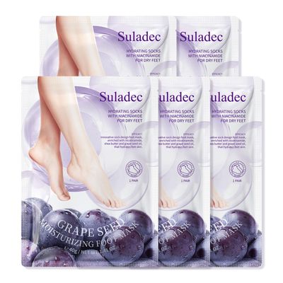 SULADEC Moisturizing Foot Mask with Grape Seed Oil and Shea Butter, Hydrating Foot Masks for Dry Cracked Feet, Dry Skin Moisturizer for Soft and Smooth Touch Feet - Men Women - 5 Pairs