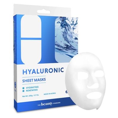 The Beauty Standard Hyaluronic Acid Sheet Face Mask - Skin Firming, Anti-Aging, Moisturizes &amp; Plumps Skin - Dermatologist Tested, Cruelty-Free Korean Skin Care for All Skin Types - 5 Masks