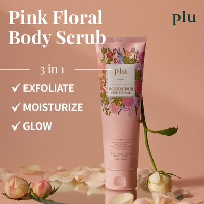 PLU Walnut Body Scrub Pink Floral with Manuka Honey - Exfoliating & Moisturizing & Firming Glow - for Acne, Cellulite, Stretch Marks, Spider Veins, Fresh & Elegance Rose Scent 6.76 oz.