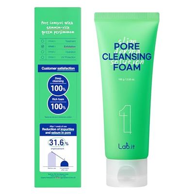 Lab.it Pore Cleansing FoamFacial Cleanser for Oily Skin, Blackhead Remover, Pore Unclogger, Creamy Foam, Gentle Pore Control with Tannin x BHA, Korean Skincare, Dermacosmetics (100g, 3.52 oz.)