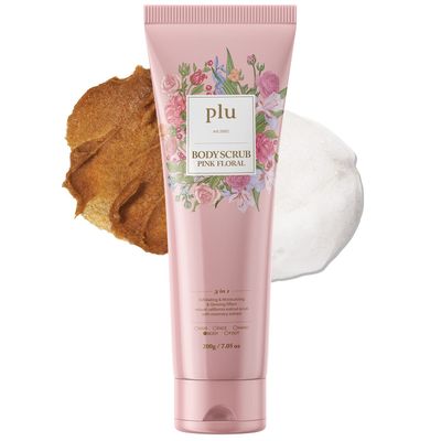 PLU Walnut Body Scrub Pink Floral with Manuka Honey - Exfoliating &amp; Moisturizing &amp; Firming Glow - for Acne, Cellulite, Stretch Marks, Spider Veins, Fresh &amp; Elegance Rose Scent 6.76 oz.