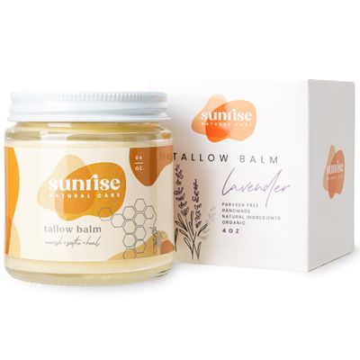Sunrise Natural Care Honey and Tallow Balm - Body and Face Moisturizer - 100% Grass Fed Beef Tallow - 4 Ounces - Lavender