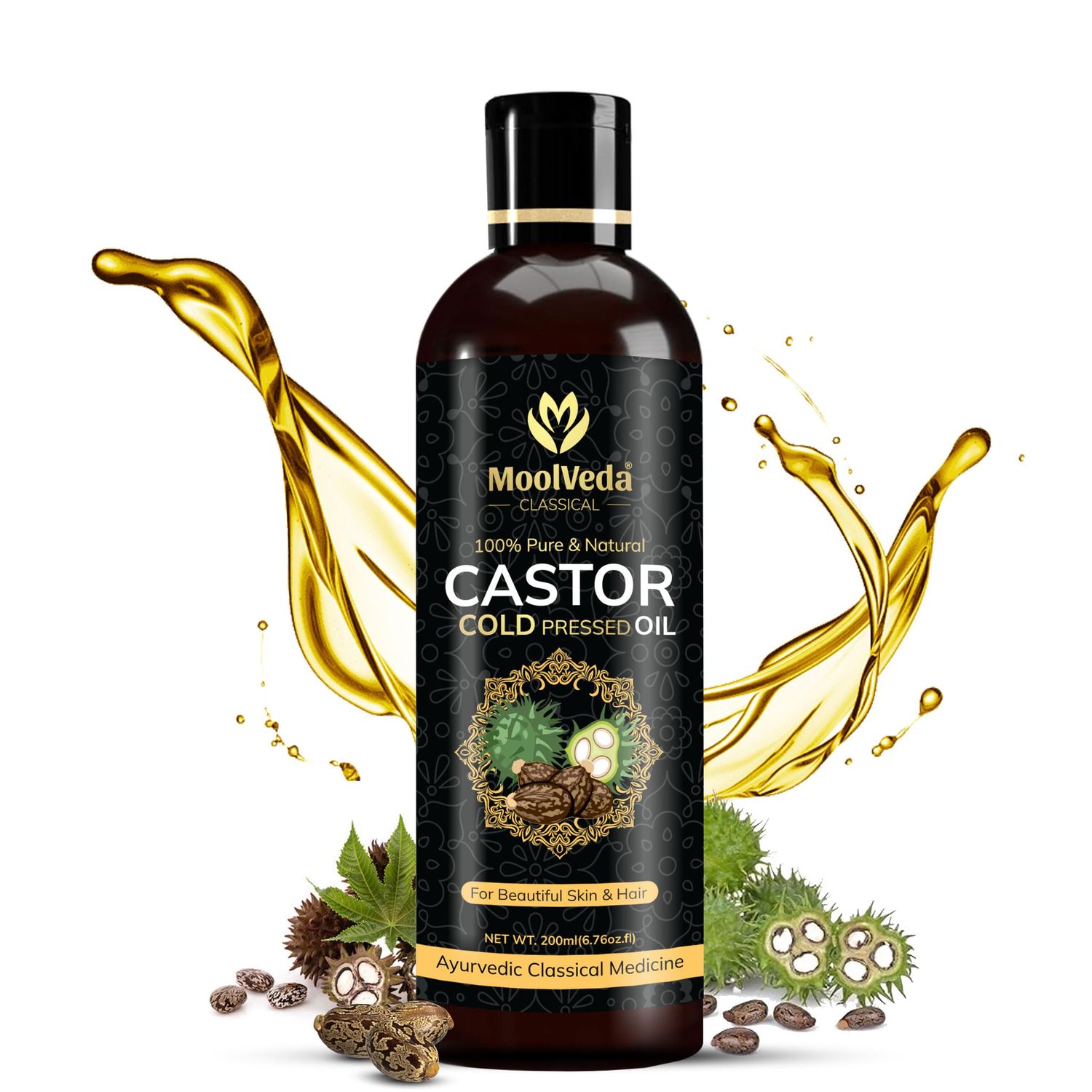 Moolveda Pure Cold Pressed Castor Hair Oil For Hair Growth, Stronger Hair, Skin Care, Nails, 100% Pure &amp; Natural, Moisturising Dry Skin, Nails, Eyelash, 200ml (6.76 fl.oz)
