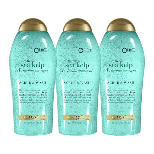 OGX Hydration + Sea Kelp &amp; Hyaluronic Acid Sulfate-Free Lightly Moisturizing Body Scrub with Black Rice, Gentle Exfoliating Daily Body Wash to Soften &amp; Smooth Skin, 19.5 Fl Oz (pack of 3)