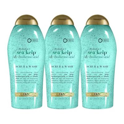 OGX Hydration + Sea Kelp &amp; Hyaluronic Acid Sulfate-Free Lightly Moisturizing Body Scrub with Black Rice, Gentle Exfoliating Daily Body Wash to Soften &amp; Smooth Skin, 19.5 Fl Oz (pack of 3)