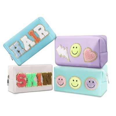 LYOOmaLL 4 Pcs Preppy Makeup Bag Set Chenille Letter Bag with Zipper PU Leather Waterproof Cosmetic Bag Stoney Clover Makeup Bag Portable Travel Toiletry Bag Preppy Skincare Bag for Women, Girls