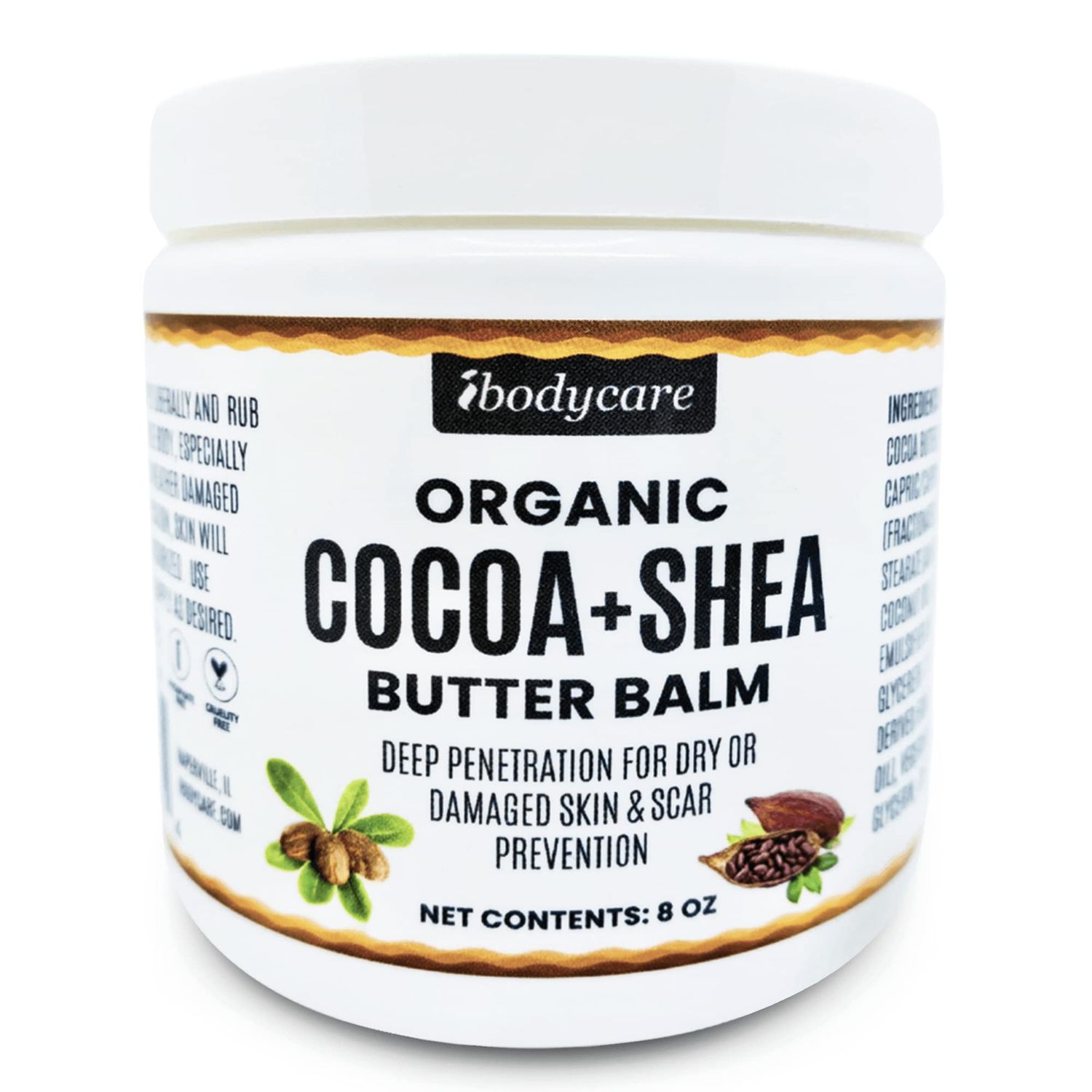 ibodycare Cocoa Butter Belly and Body Balm with Shea Butter, and Coconut Oil, 8 oz Organic, Raw, Unrefined Natural Body Butter Blend