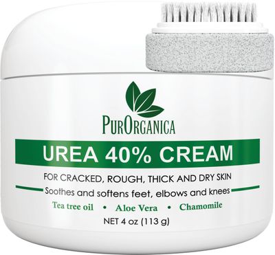 PurOrganica Urea 40% Foot Cream - Made in USA - Callus Remover - Moisturizes &amp; Rehydrates Thick, Cracked, Rough, Dead &amp; Dry Skin - For Feet, Elbows and Hands - With Pumice Stone and Brush