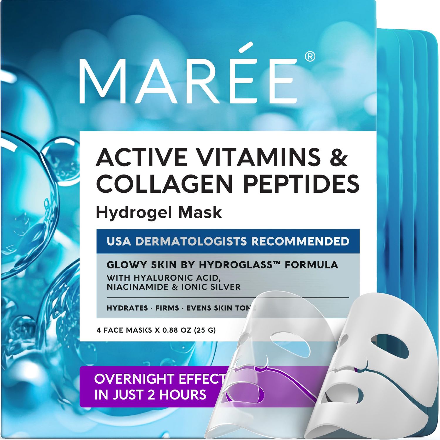 MAREE Hydrogel Collagen Face Mask with Hyaluronic Acid - Overnight Hydrating Face Masks Skincare with Niacinamid &amp; Ionic Silver - Facial Mask For Women Skin Care Mascarillas Faciales - 4 Pack