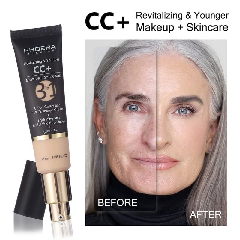 PHOERA CC Cream Foundation With SPF,PHOERA Full Coverage Foundation Color Correcting Cream,Anti Aging Hydrating Serum &amp; SPF 25+ Sunscreen Natural Finish1.08 floz (140 Buff Beige+160 Sand)