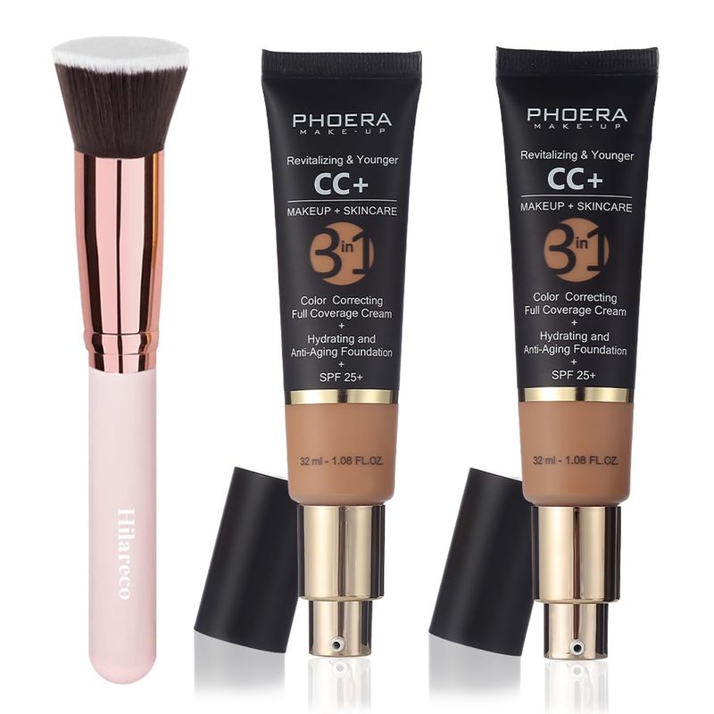 PHOERA CC Cream Foundation With SPF,PHOERA Full Coverage Foundation Color Correcting Cream,Anti Aging Hydrating Serum &amp; SPF 25+ Sunscreen Natural Finish1.08 floz (140 Buff Beige+160 Sand)