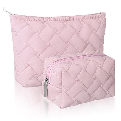 Huhumy 2 Pieces Quilted Makeup Bag Cosmetic Bag Preppy Travel Makeup Bag Toiletry Bag for Women Cute Puffer Makeup Pouch for Purse Zipper Makeup Bag Organizer Small Portable Skincare Bag(Pink)